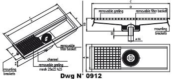 Siphoned stainless steel channel with grating and removable filter baske