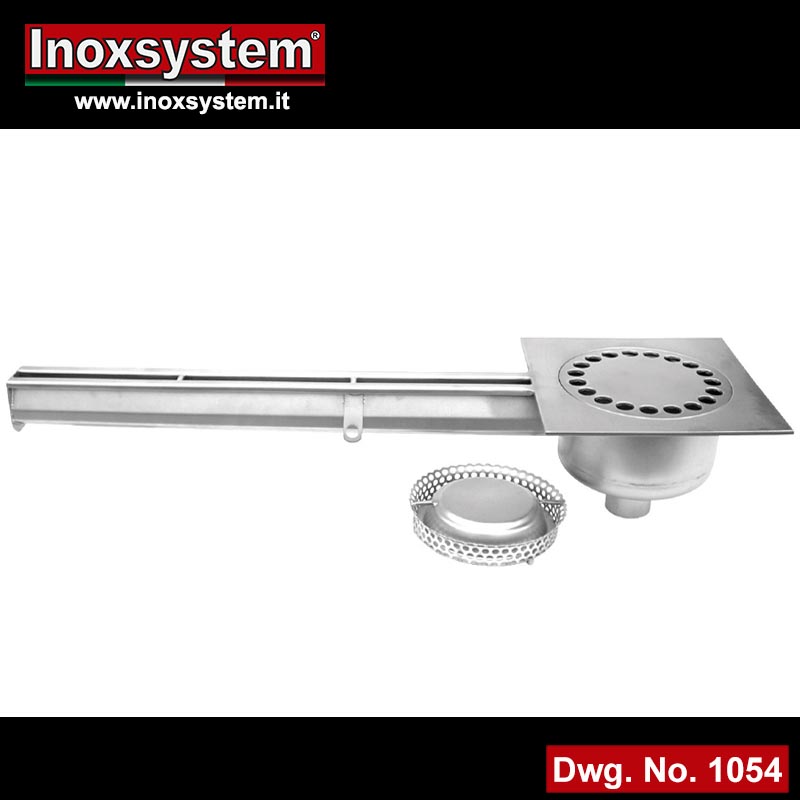 Stainless steel slot channels with odor trap and removable filter basket - end vertical outlet
