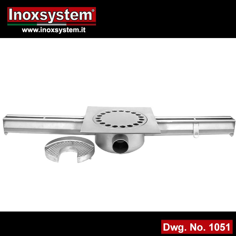 Stainless steel slot channels with odor trap and removable filter basket - central horizontal outlet