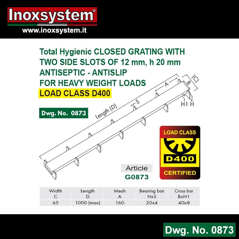 Line 0873 total hygienic closed grating with two side slots of 12 mm, h 20 mm antiseptic - antislip for heavy weight loads load class d400