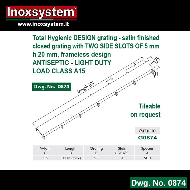 Line 0874 total hygienic design grating - satin finished closed grating with two side slots of 5 mm h 20 mm, frameless design antiseptic - light duty load class a15