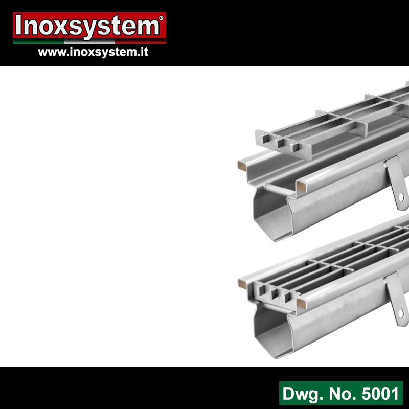 Line 5001 Total Hygienic Standard modular channel with connection flanges, reinforces edges, gullies with odor trap in stainless steel