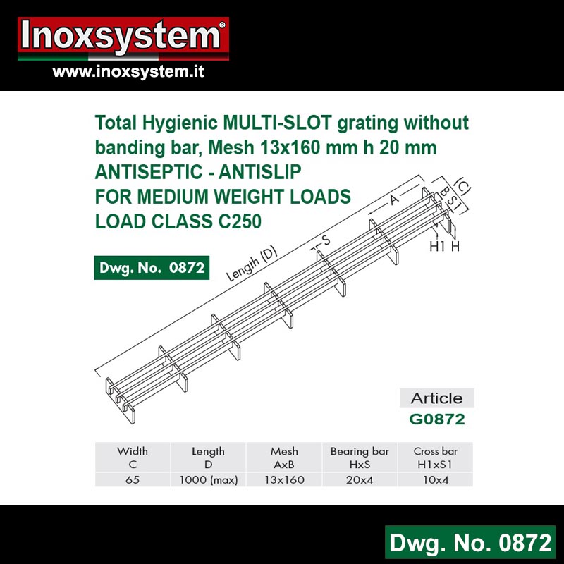 Line 0872 total hygienic multi-slot grating without banding bar, mesh 13x160 mm h 20 mm antiseptic - antislip for medium weight loads load class c250