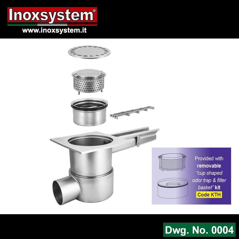 Line 0004 Ultra-low profile floor drains with square top plate removable Total Hygienic cup shaped odor trap pipe and filter basket