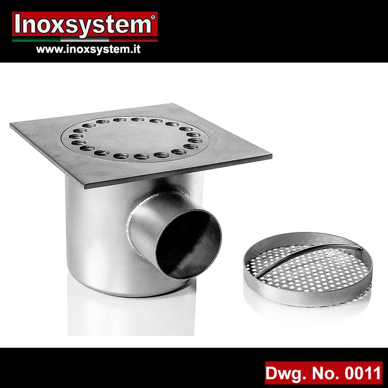 0011 Ultra-low profile floor drains with square top plate, horizontal outlet in stainless steel