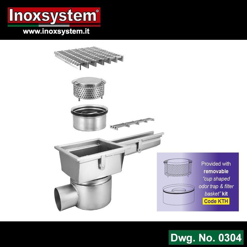 Line 0304 Ultra low-profile gully with grating and horizontal outlet, with one gully-channel connection removable Total Hygienic cup shaped odor trap