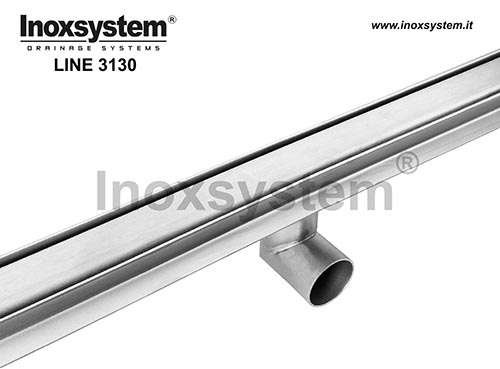 Stainless steel linear drain with two side slots, satin finish cover, folded edge and direct outlet