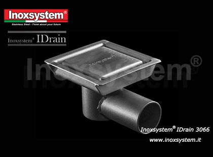 Floor drain with horizontal outlet, satin finish cover and perimeter slot, with odor trap and filter in stainless steel