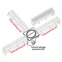 drawing of Siphoned floor drain with horizontal outlet and filter basket, inclusive of one inlet flange all in stainless steel