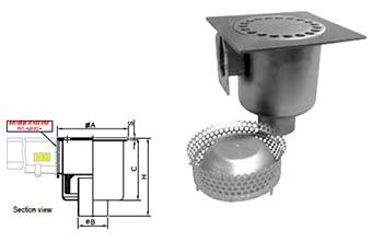 Siphoned floor drain with vertical outlet and filter basket, inclusive of one inlet flange in stainless steel