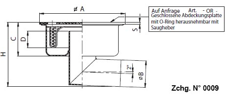 Ausführung mit horizontalem Ablaufstutzen mit herausnehmbaren Schmutzfangkorb vor dem Geruchsverschluß mit quadratischer Platte