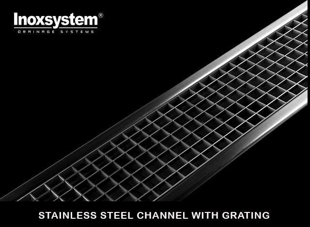 Stainless steel grating channel with siphoned outlet and grating