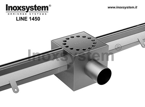 Slot channel with straight edges floor drain with outlet and removable filter basket in stainless steel