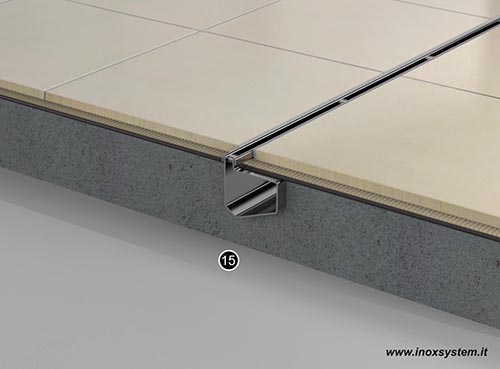 Stainless steed drainage channel with offset slot, vertical edges and flat top surface for floor tile installation