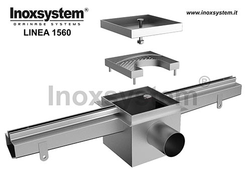 Channel with central slot, vertical edges and flat top surface for floor tile installation, floor drain with tileable cover, odor trap and removable filter in stainless steel