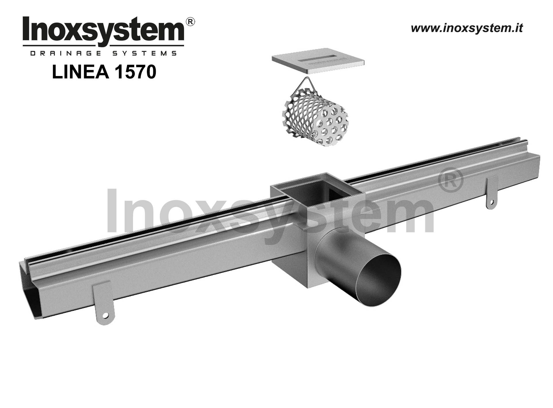 Stainless steel channel central slot, vertical edges and flat top surface for floor tile installation, inspection unit with finished top cover and direct outlet