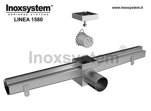 Channel with central slot, vertical edges and flat top surface for floor tile installation, inspection unit with satin finished top cover and direct outlet in stainless steel