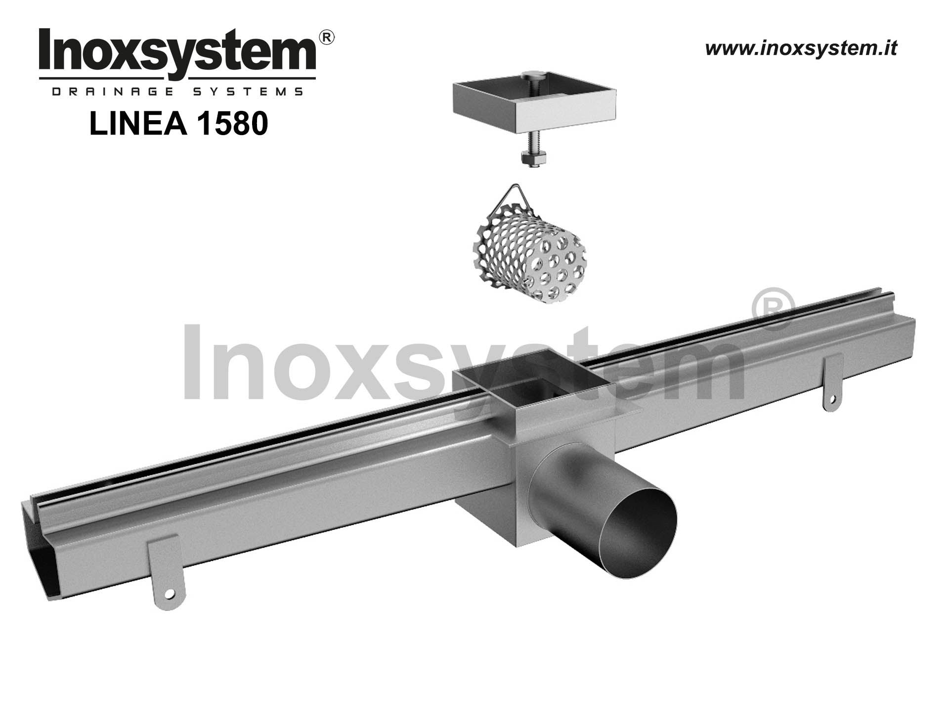 Channel with central slot, vertical edges and flat top surface for floor tile installation, inspection unit with satin finished top cover and direct outlet in stainless steel