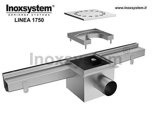 Stainless steel channel with 8/15/20 mm offset slot, vertical edges and flat top surface for floor tile installation, 150x150 mm floor drain with odor trap and removable filter LINE 1750