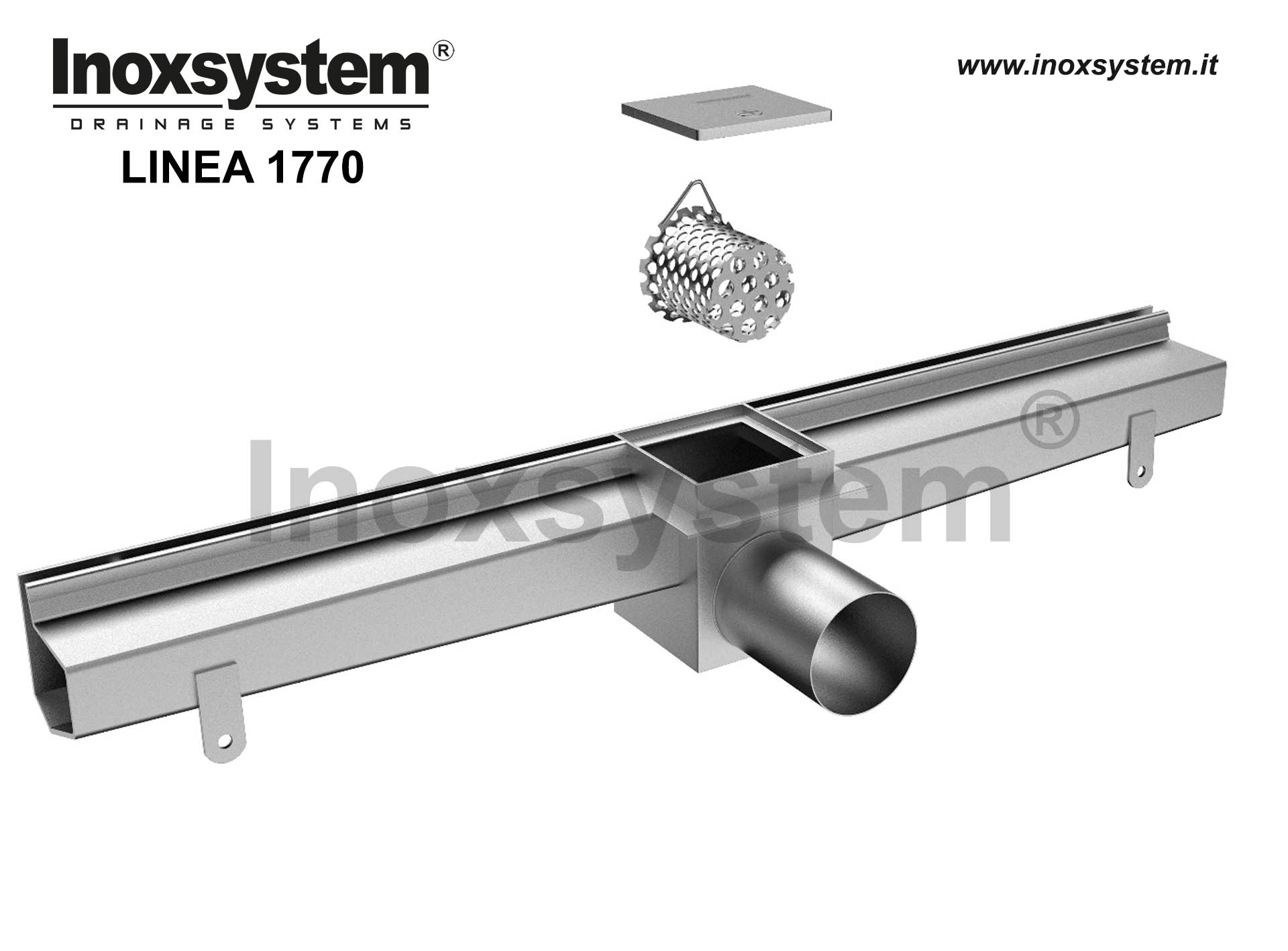 Channel offset slot, vertical edges and flat top surface for floor tile installation, inspection unit with satin finished top cover and direct outlet