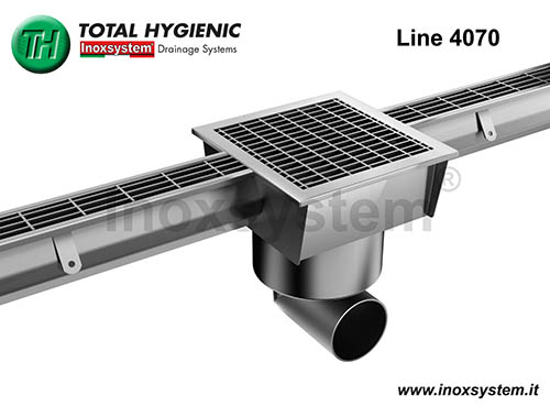 Caniveau en acier inox avec grille antibacterienne et antidérapante et siphon sol à grille Inoxsystem® Total Hygienic