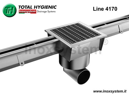 Caniveau à fente standard doté de siphon sol à grille Inoxsystem® Total Hygienic avec tuyau-siphon et panier amovibles