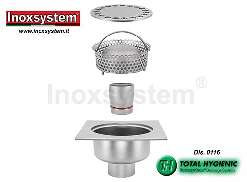 Chiusini in acciaio inox ribassati a scarico verticale con tubo sifonato e cestello estraibili in acciaio inox