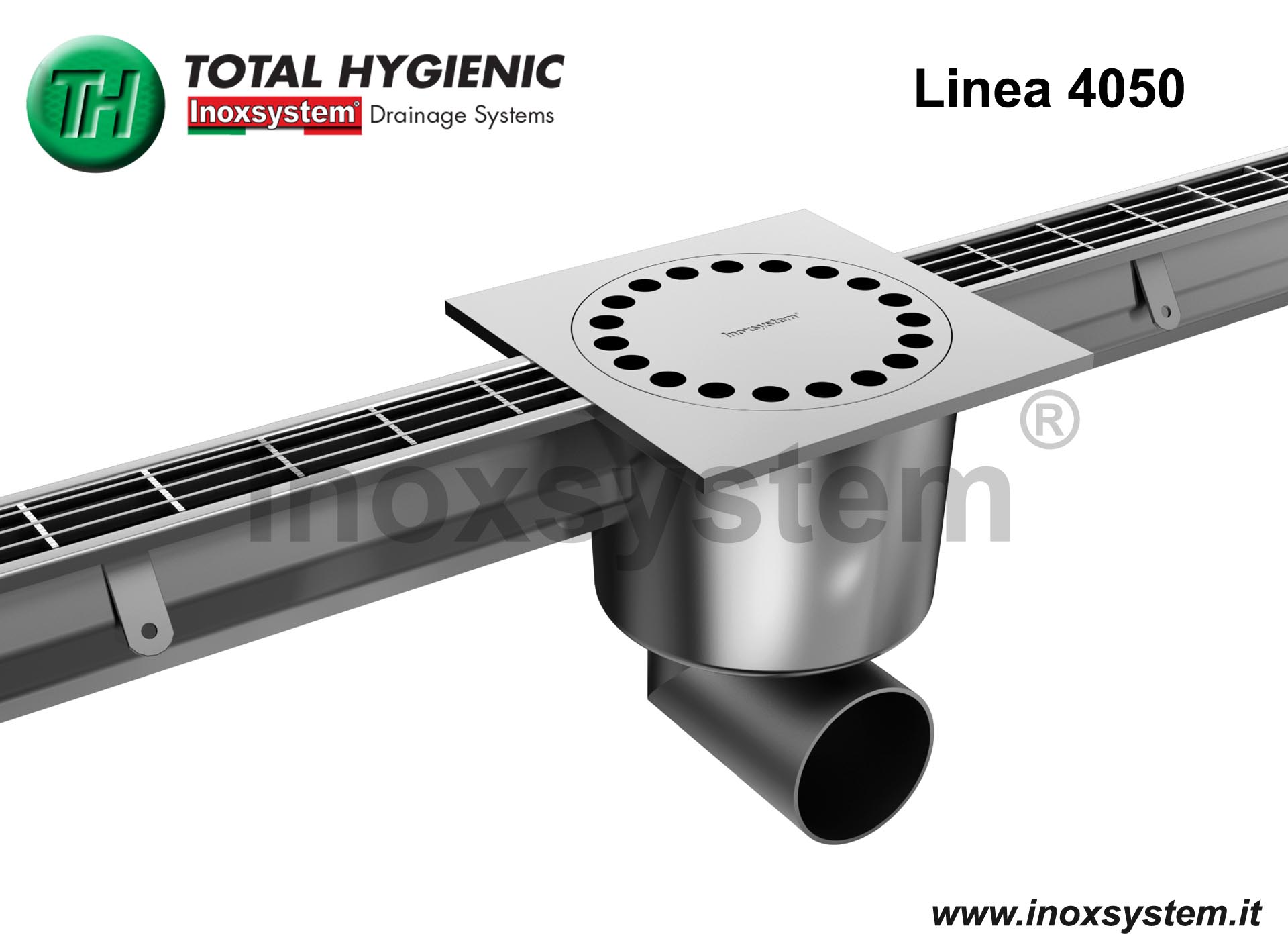 Canali a griglia Total Hygienic con griglia antibatterica e antiscivolo,  tubo sifonato estraibile e cestello estraibile antiratto