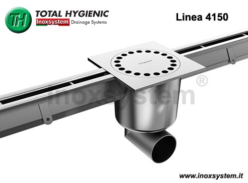 Canali a fessura standard, chiusino in piastra con tubo sifonato estraibile Total Hygienic e cestello estraibile antiratto in acciaio inox