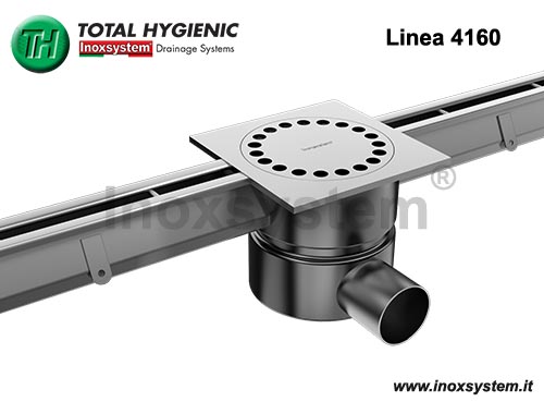 Canali a fessura standard, chiusino in piastra con tazza sifonata estraibile Total Hygienic e cestello estraibile antiratto in acciaio inox